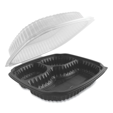 ANCHOR PACKAGING Microwavable 3-Comp Container, 26oz/7oz/7oz, 9x9x3.01, Clr/Blk, PK100 4699631